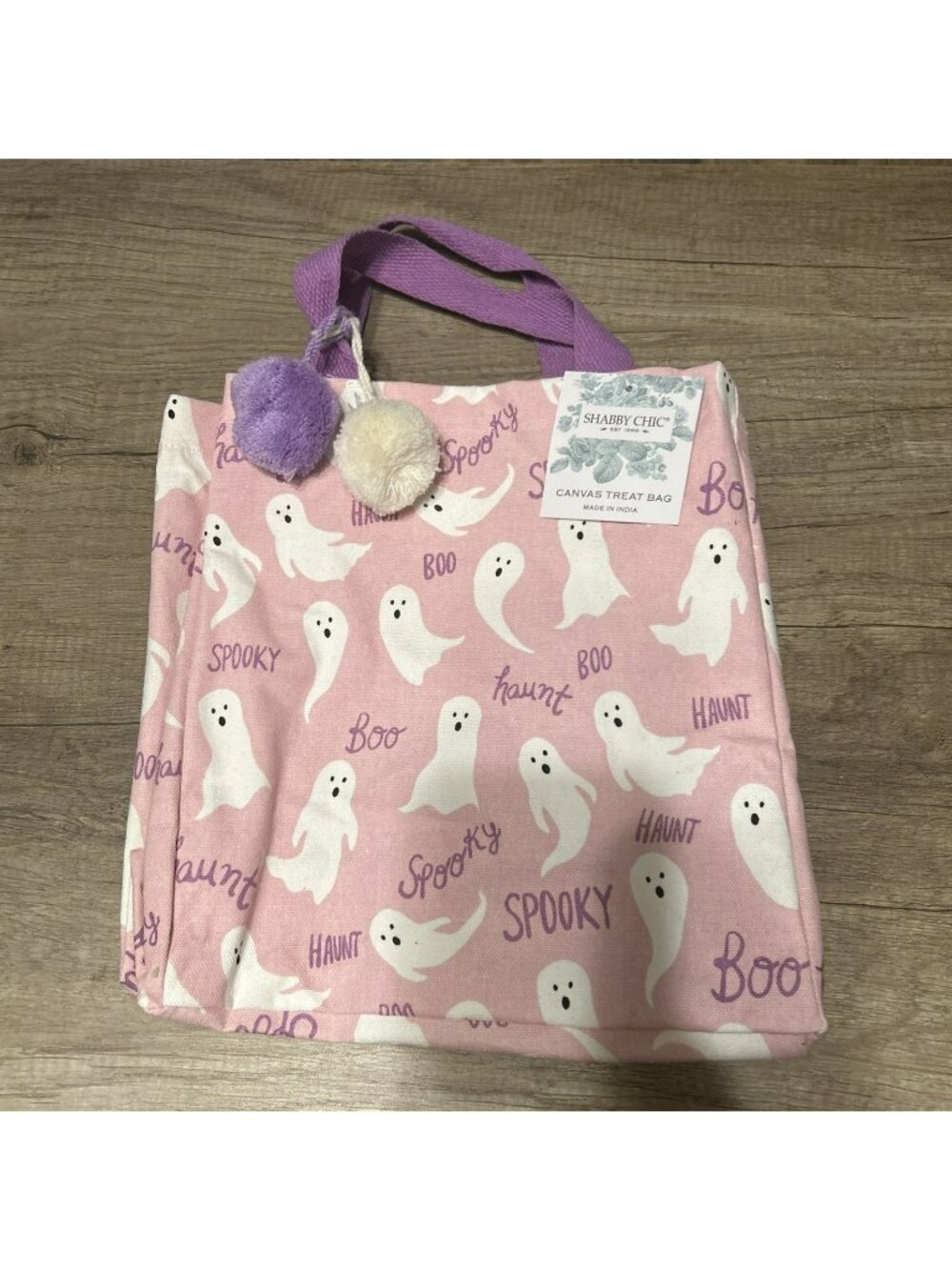 Shabby Chic Pink Canvas Treat Bag With Ghost Print & Purple Handles